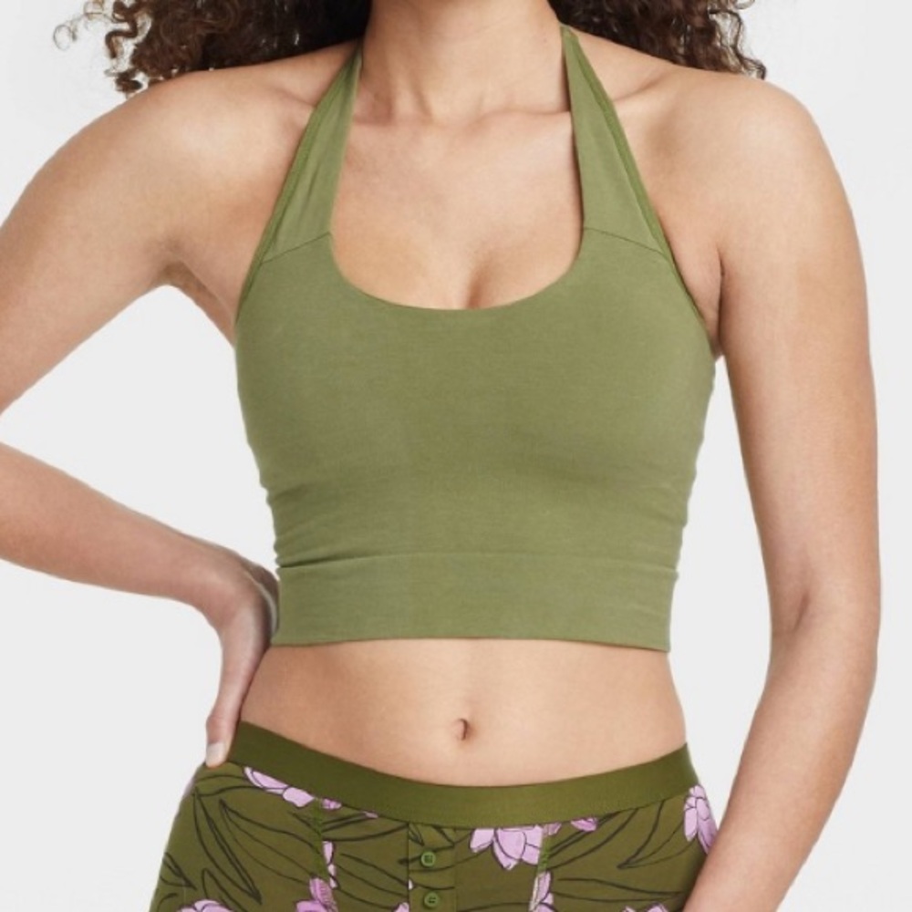 Auden Set/2 Green Cotton Seamless Brami Halter Bralette